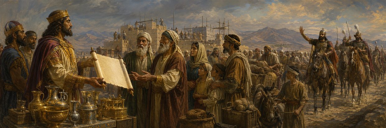 Cyrus restores temple vessels and sends families toward Jerusalem as opposition halts work at the unfinished temple
